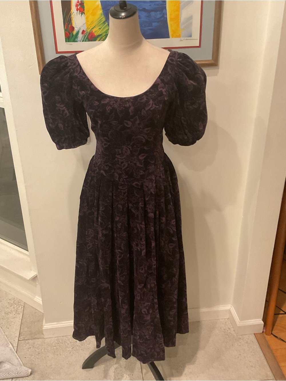 Vintage 1980s Laura Ashley Dark Purple Cotton Floral Puff Sleeve Maxi Dress